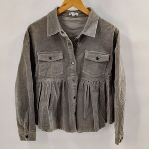 Newbury Kustom Gray Boho Peplum Style Shacket Snap Closure Size Medium Corduroy